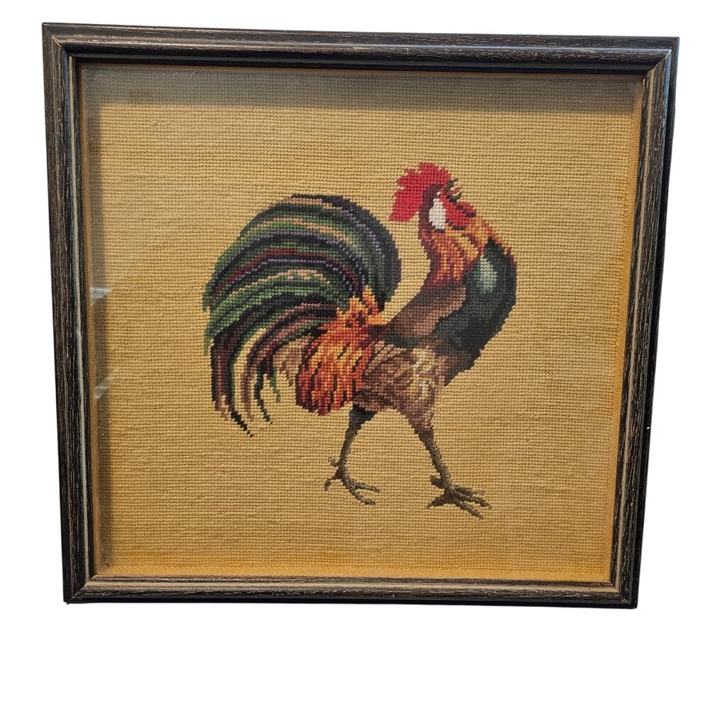 Vintage Framed Needlepoint Rooster Picture Farmhouse Bird Cottage Country Rustic